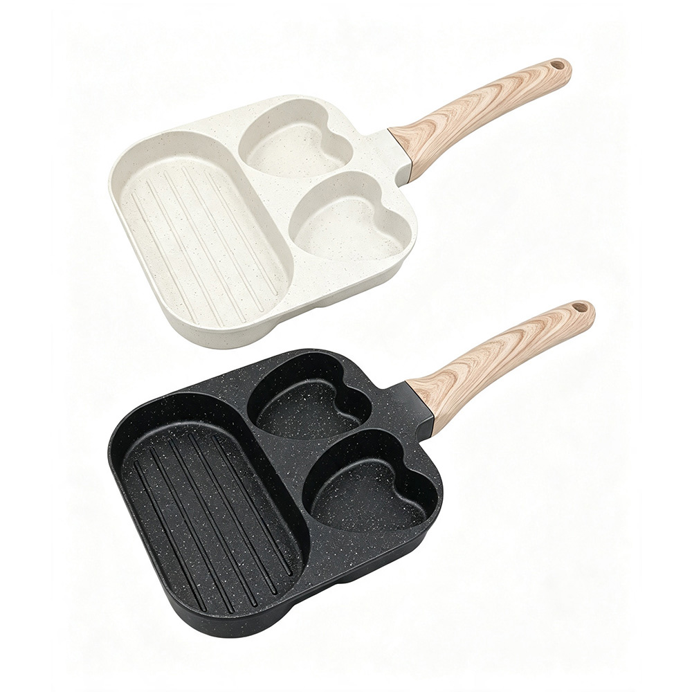 CGUCOOK Three-hole double-heart non-stick frying pan, home breakfast pan for frying steak and eggs, aluminum pan, non-stick flat pan, sausage grilling, universal hamburger pan Item Picture