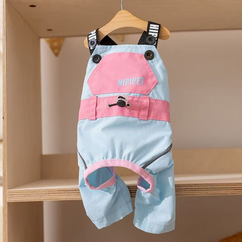 Color-blocking pet harness four-legged waterproof pants with drawstring adjustment, small dog teddy bichon outdoor dirt-proof dog clothing Application Scenario