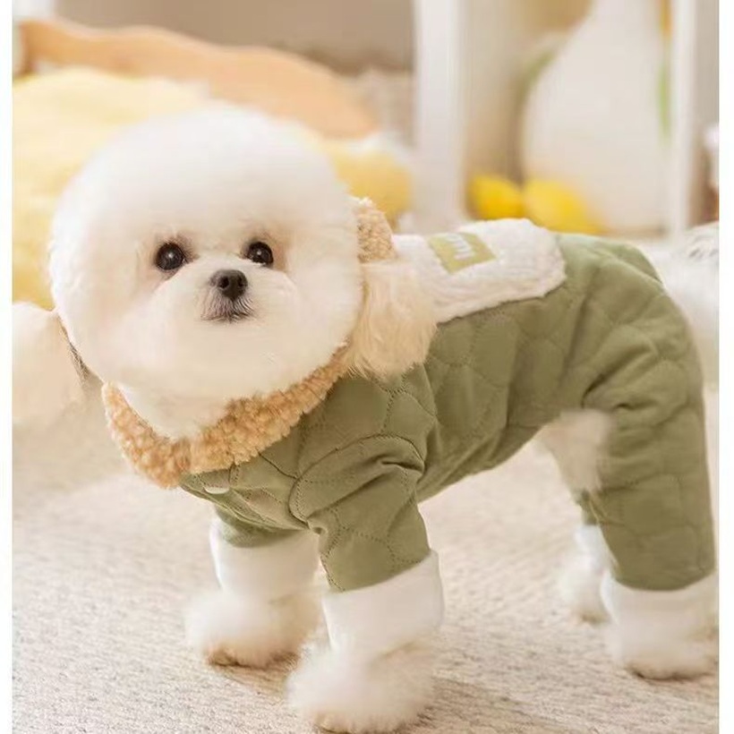 Little bear ear plush hooded pet four-legged cotton coat, thick and warm for autumn and winter, small dog outdoor cotton coat Specification image