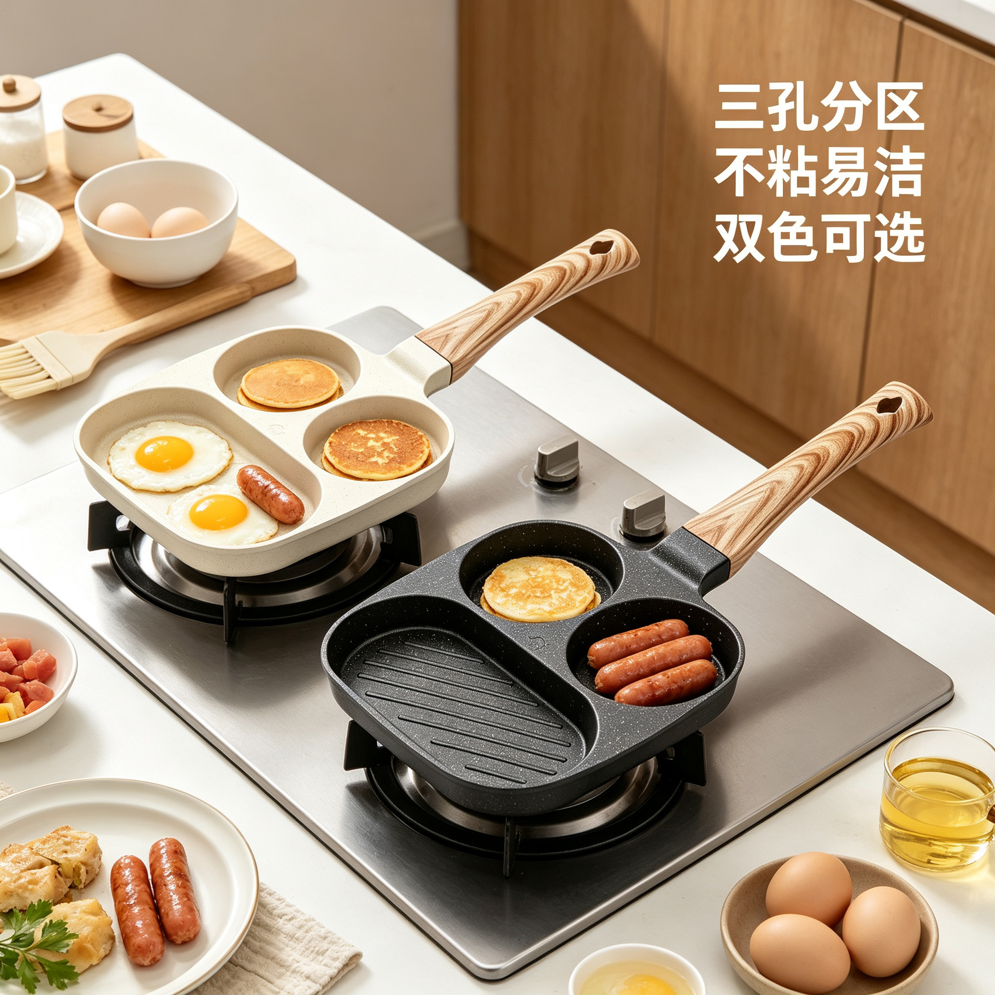 CGUCOOK三孔不粘煎锅小笑脸标汉堡早餐煎锅不粘锅煎饼煎蛋条纹煎牛排平底锅家用烤肠烤盘详情2
