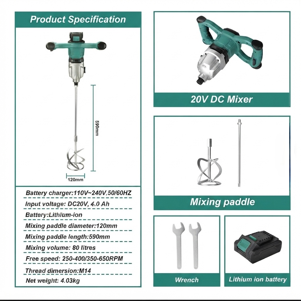 DOTOOL A708 new 20V brushless cordless mixer, dual-speed 650RPM paddle mixer, 80L, suitable for mortar, paint, gypsum details Picture