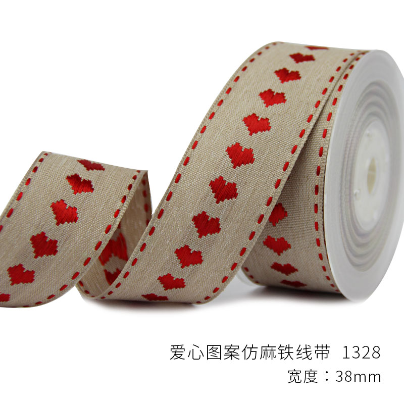 Item No. : 1328 Christmas Gift Packaging Decoration DIY Heart-shaped Patterned Faux Linen Christmas Webbing (Size 25) 3.8cm details Picture