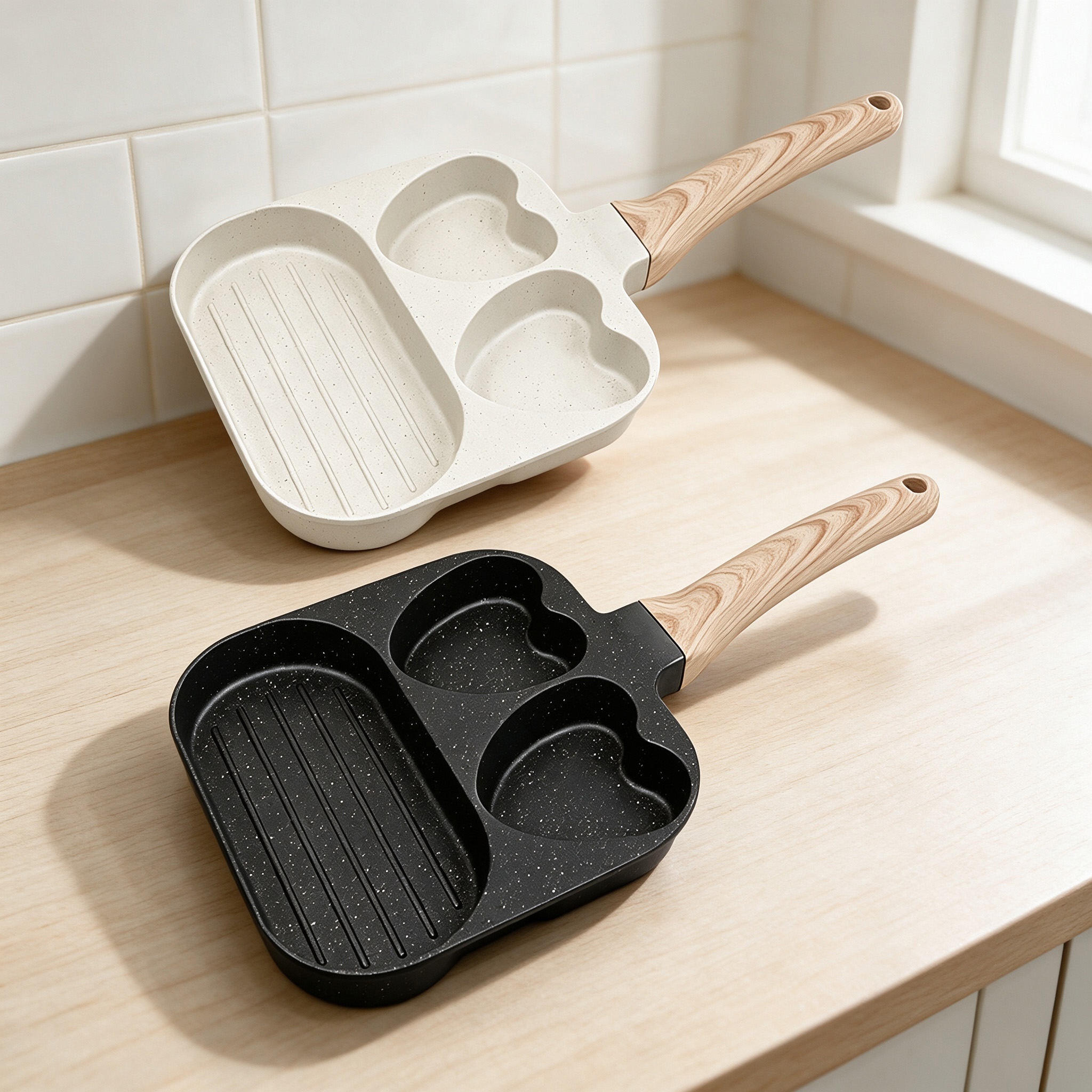 CGUCOOK Three-hole double-heart non-stick frying pan, home breakfast pan for frying steak and eggs, aluminum pan, non-stick flat pan, sausage grilling, universal hamburger pan Application Scenario