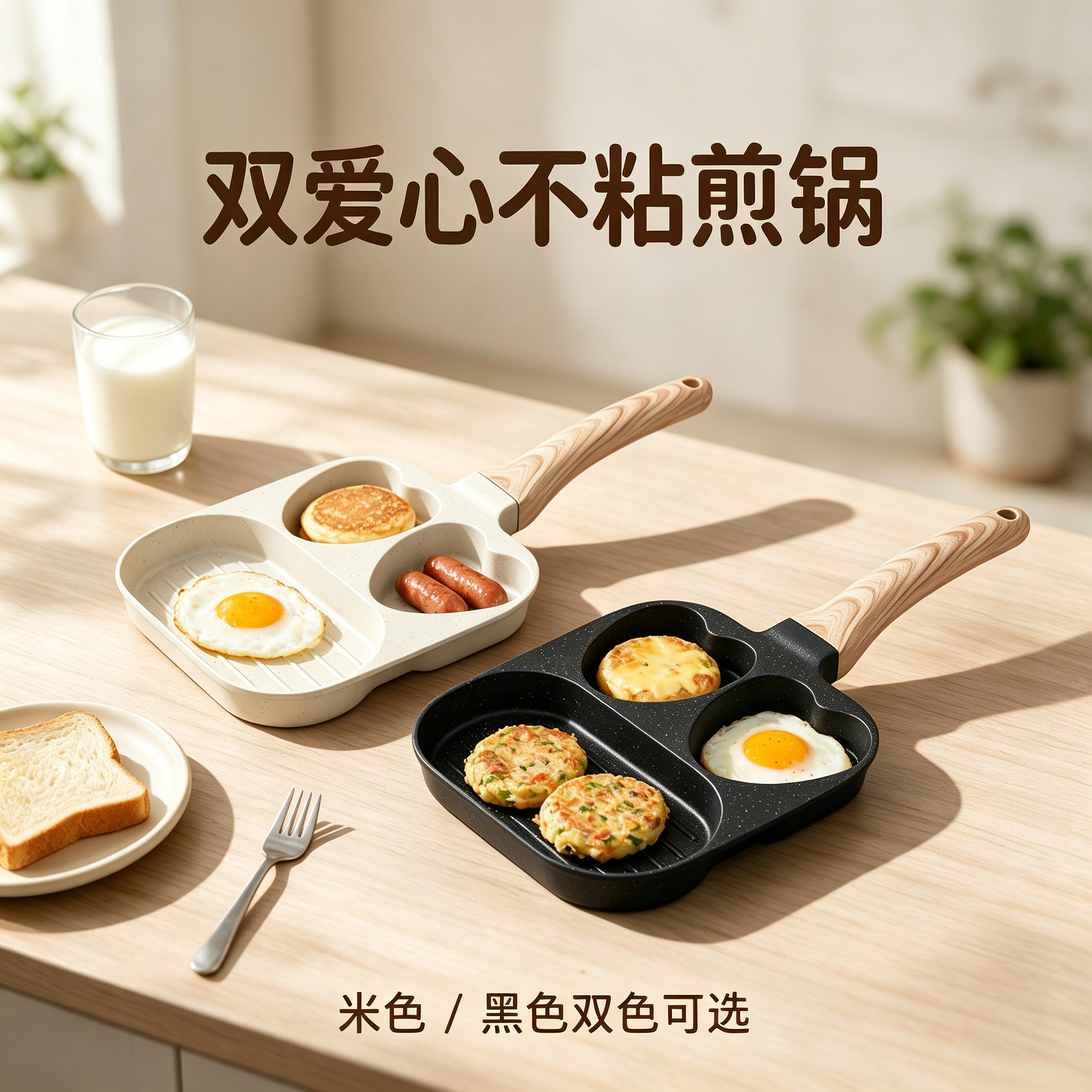 CGUCOOK Three-hole double-heart non-stick frying pan, home breakfast pan for frying steak and eggs, aluminum pan, non-stick flat pan, sausage grilling, universal hamburger pan