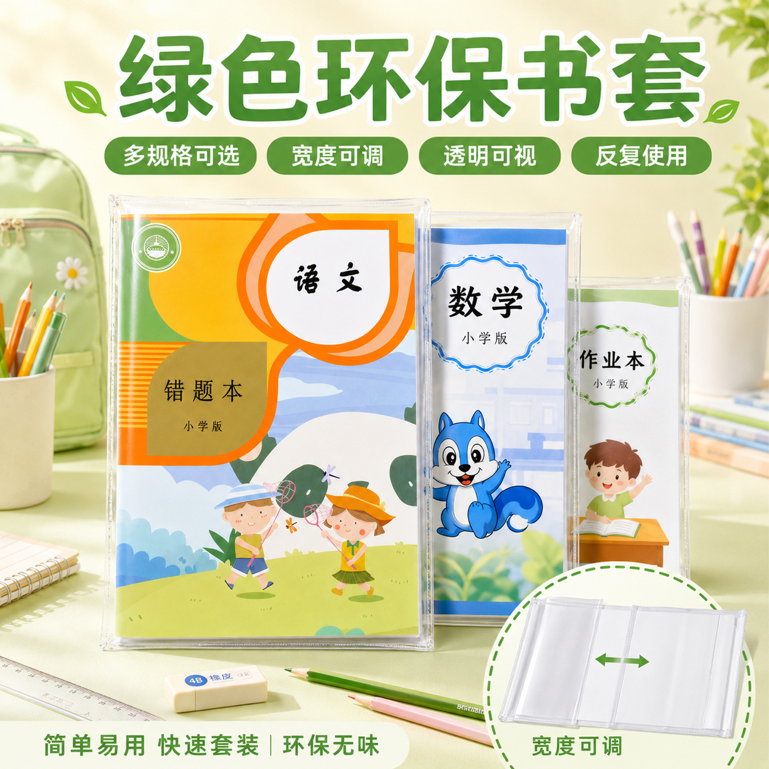 Green and environmentally friendly book covers 0210 in multiple specifications, adjustable width, transparent book covers for primary and secondary school students' textbooks and exercise books, wholesale