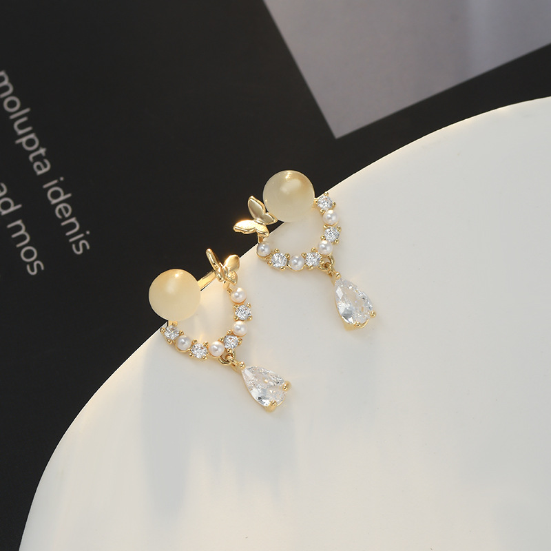 Butterfly ring, water drop earrings, women's golden rhinestone pendant earrings, French ethereal elegance Item Picture