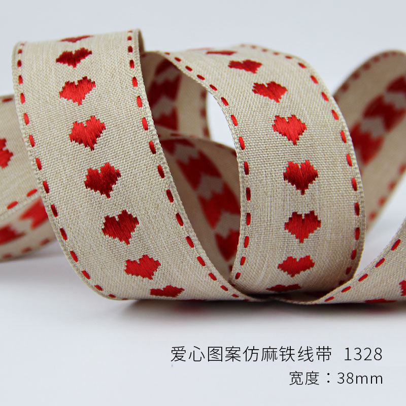 Item No. : 1328 Christmas Gift Packaging Decoration DIY Heart-shaped Patterned Faux Linen Christmas Webbing (Size 25) 3.8cm