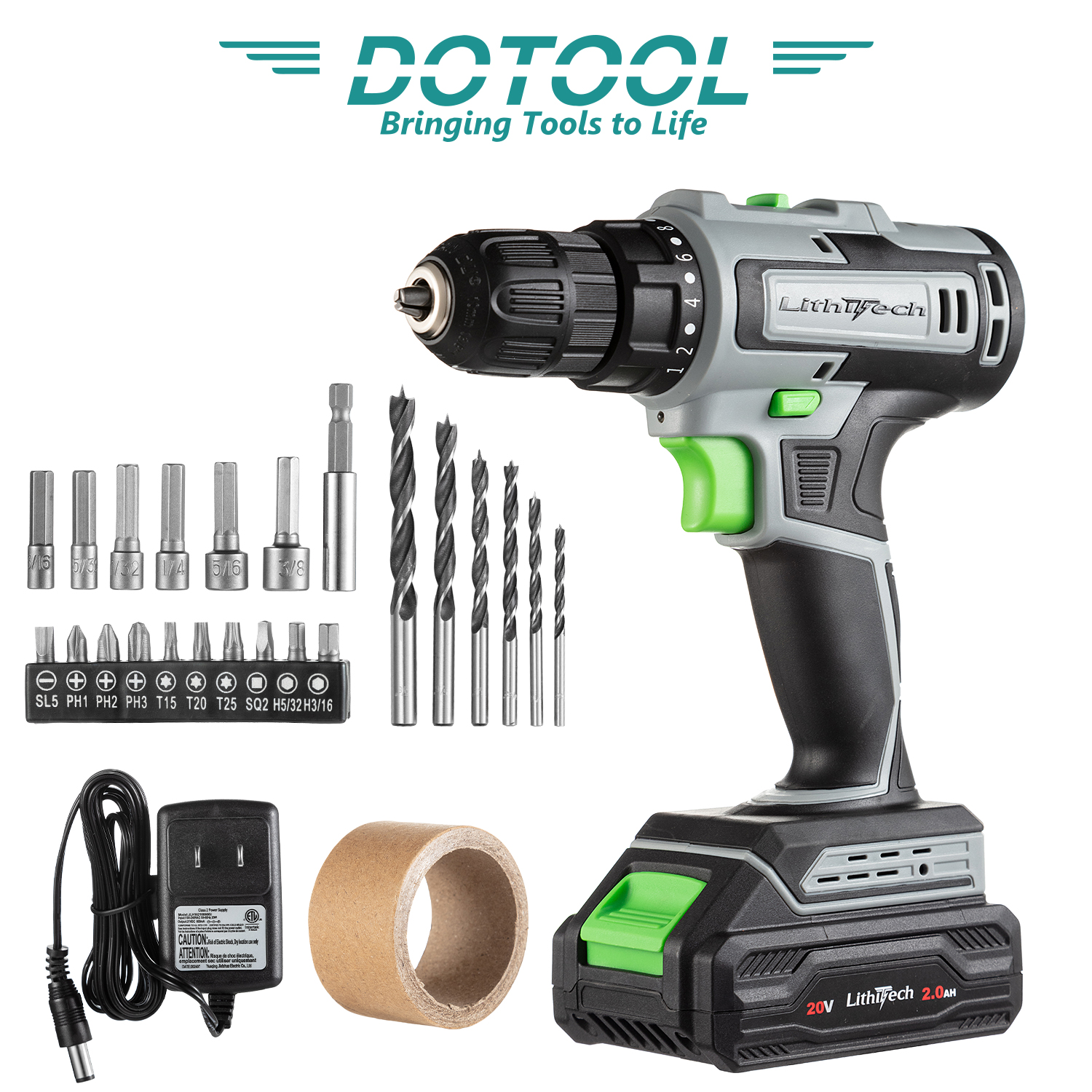 مجموعة مجموعة DTOL L901 المثقاب الكهربائي 20V التي يمكن تعديلها بسرعة 2 السرعة دون مفاتيح، وتطبق على الأخشاب والفولاذ details Picture