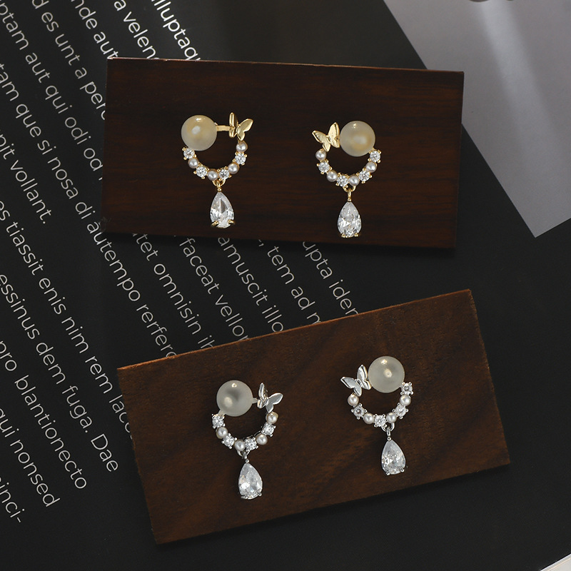 Butterfly ring, water drop earrings, women's golden rhinestone pendant earrings, French ethereal elegance details Picture