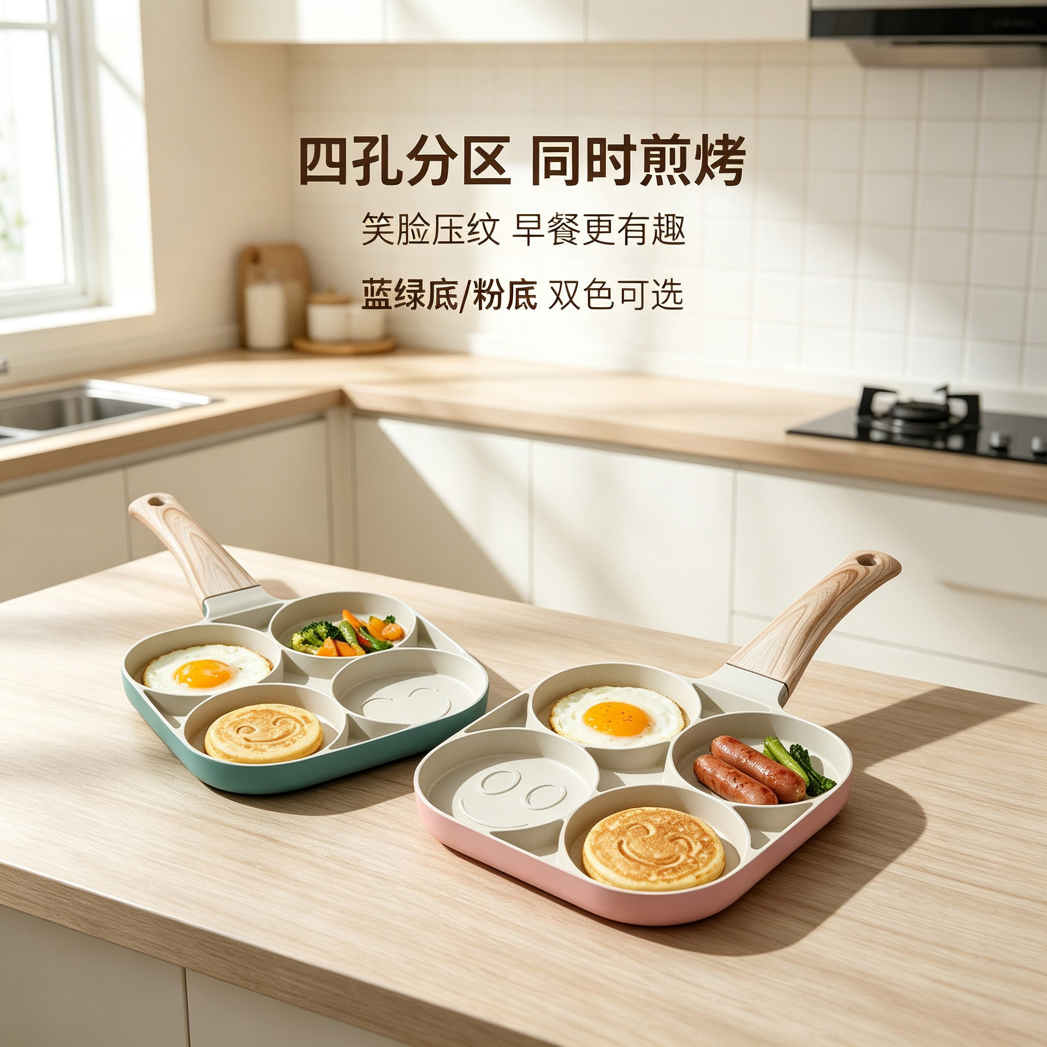 CGUCOOK Smiley Four-hole Non-stick frying pan with Pattern, home breakfast non-stick frying pan, tourmaline aluminum pan, non-stick flat pan for egg dumplings and hamburgers details Picture
