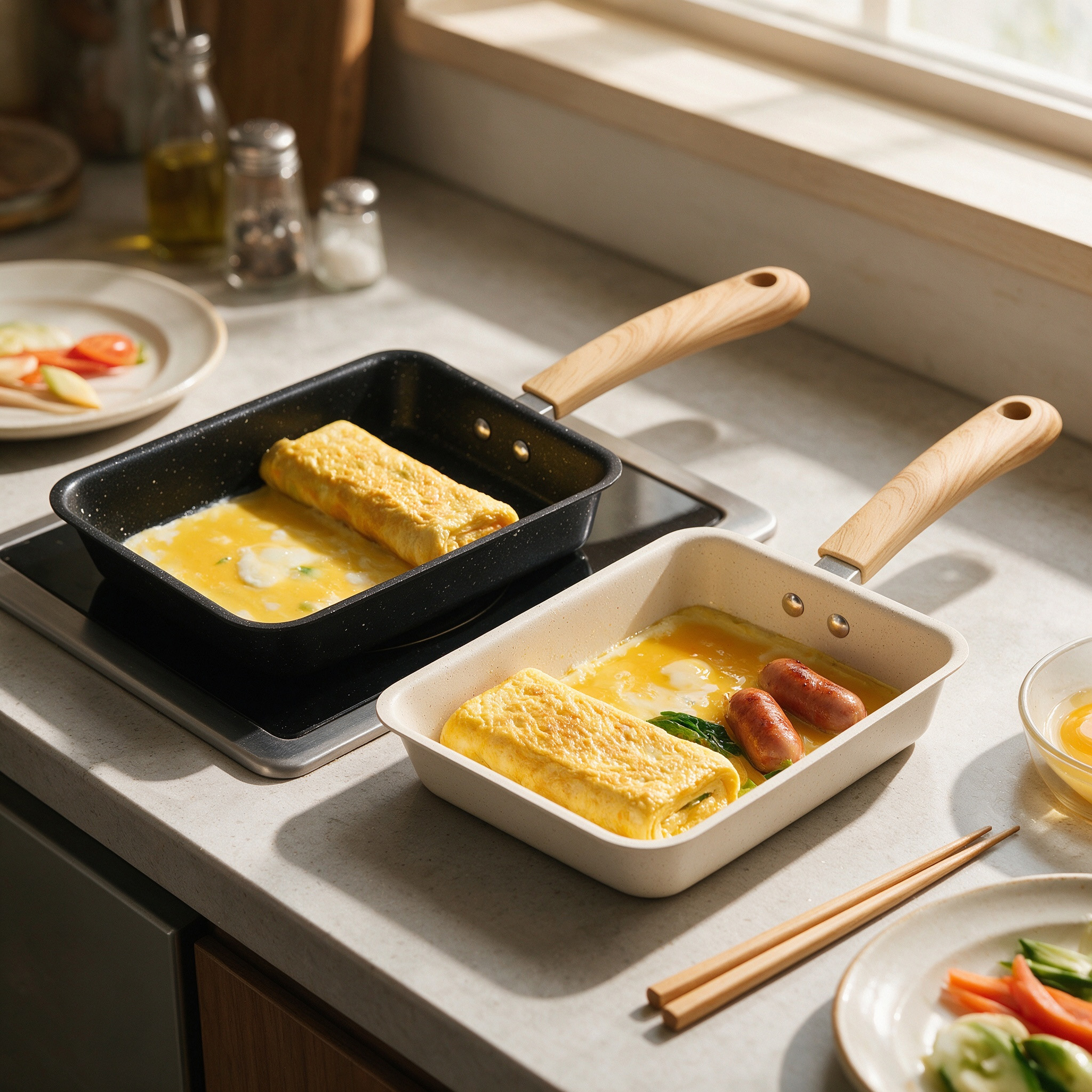 CGUCOOK carbon steel tamagoyaki non-stick frying pan Japanese tamagoyaki flat non-stick pan Mica stone square egg roll steak breakfast pan Thickened frying pan Application Scenario