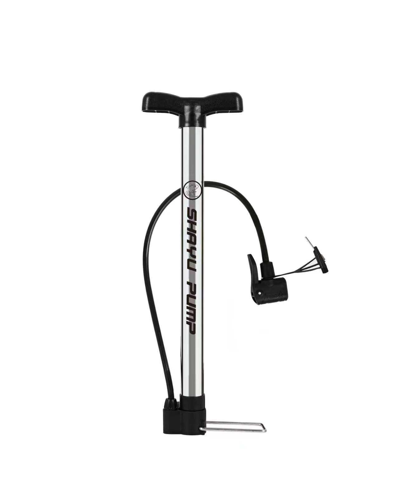 The SY-302 aluminum alloy foot-operated air pump, air pump and air pump accessories are placed on the ground