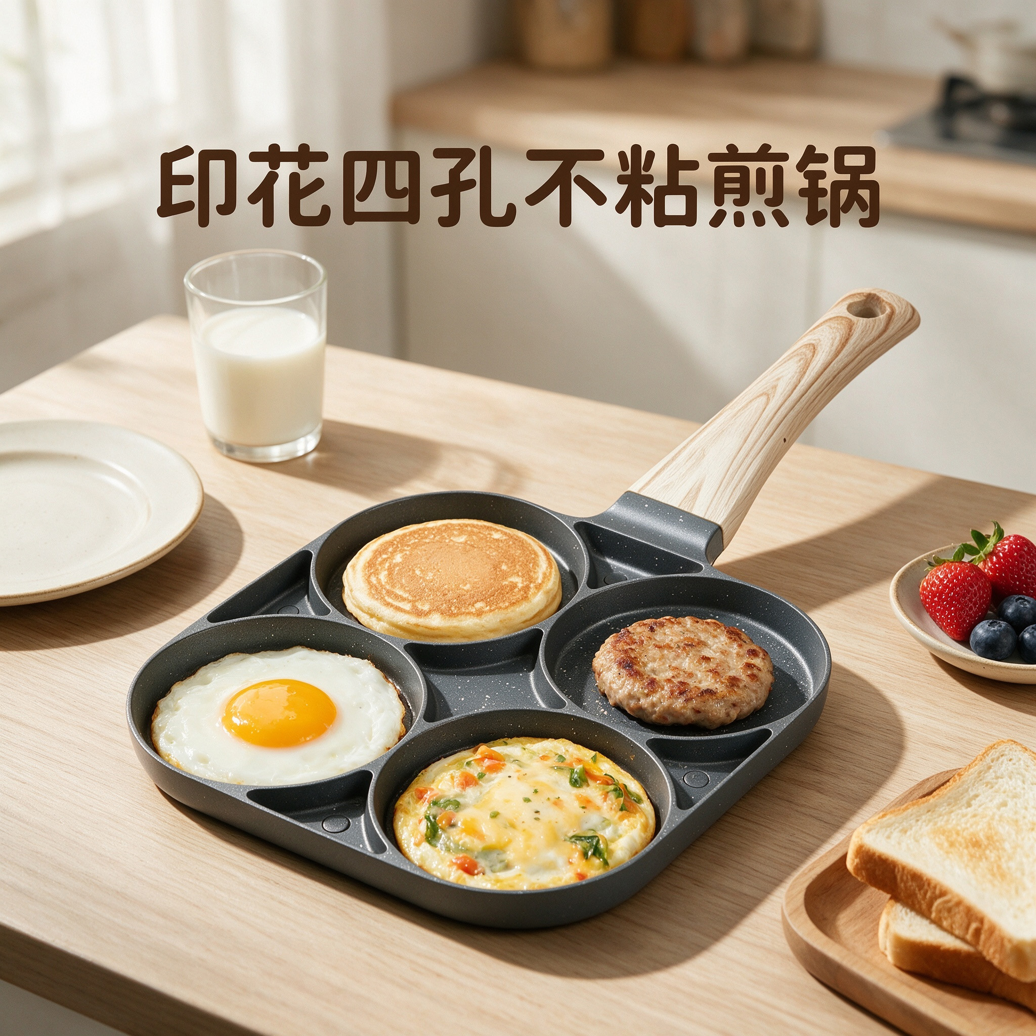 CGUCOOK printed four-hole non-stick frying pan, home breakfast egg frying aluminum pan, hamburger pan, compartments flat pan, non-stick pan, grey flat pan