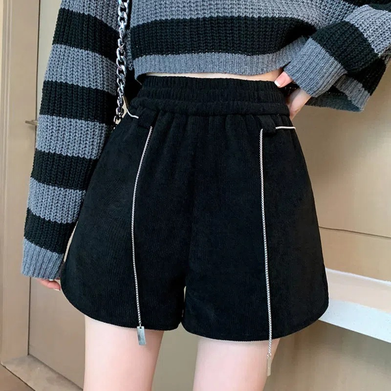Corduroy chain wide-leg pants for women, spring, autumn and winter, Korean loose and flattering casual shorts, fashionable and versatile high-waisted boots and pants full image