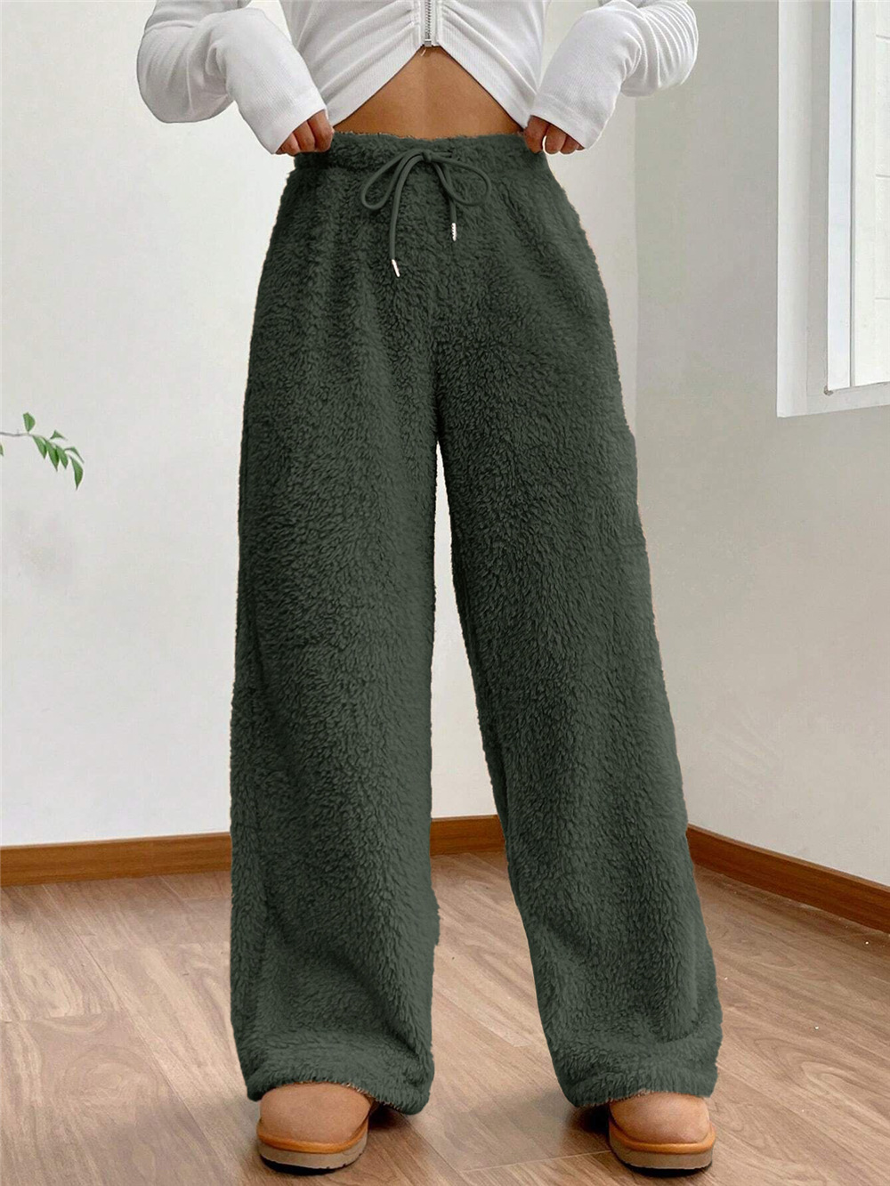 Europa y Estados Unidos comercio exterior de las mujeres sudaderas nuevo otoño invierno color sólido cintura alta peluche pantalones casuales sueltos shu peluche pantalones calientes mujeres