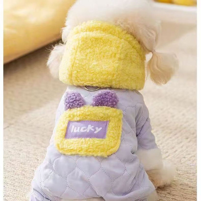 Little bear ear plush hooded pet four-legged cotton coat, thick and warm for autumn and winter, small dog outdoor cotton coat details Picture