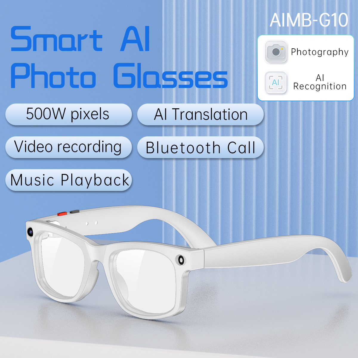 AI smart glasses, intelligent dialogue, AI translation, photo-taking glasses, video recording, photography, AI object recognition, meeting assistant Specification image