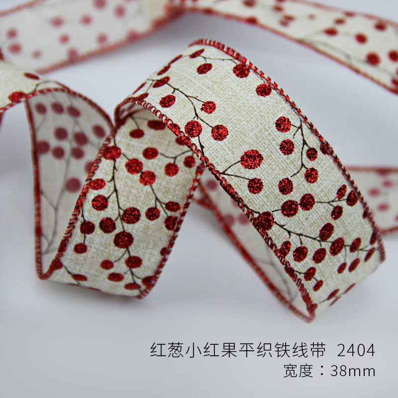 Item No. : 2404 Christmas Gift Packaging Decoration DIY Red Onion and Small Red Fruit Christmas Webbing (25 yards) 3.8cm