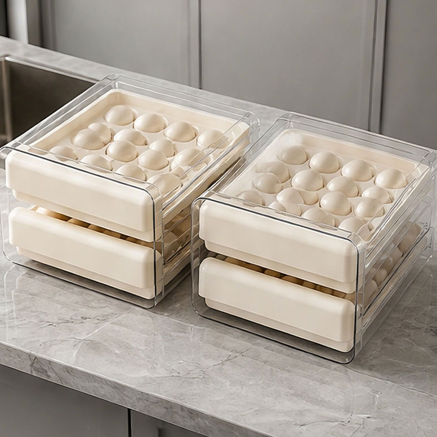 Y91-YS-99023 manufacturer's double-layer transparent egg box, refrigerator compartmentalized drawer type egg rack, egg storage box Application Scenario