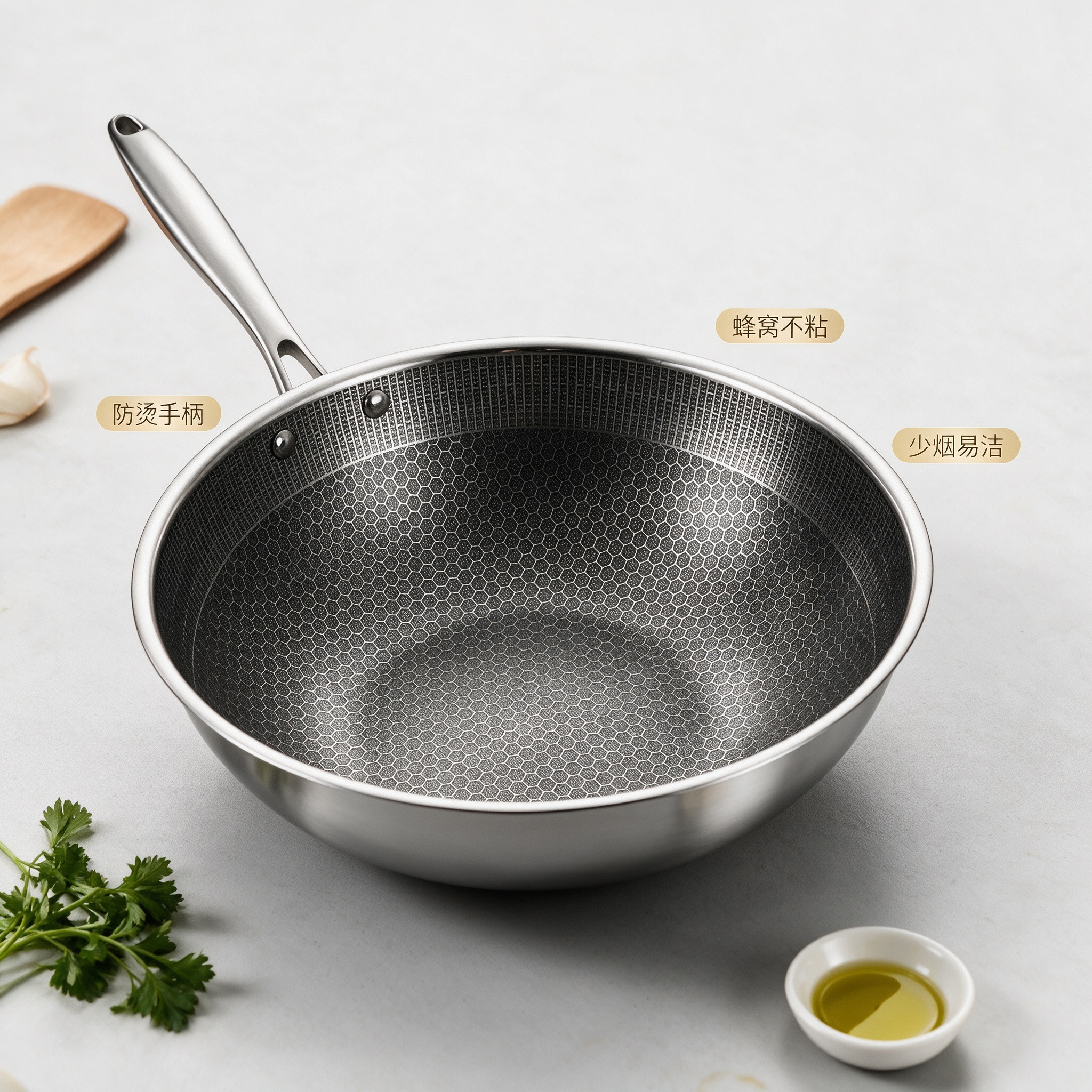 CGUCOOK stainless steel honeycomb wok, uncoated non-stick wok, household cooking wok, induction cooker, gas stove, universal frying wok, deepened honeycomb print wok Specification image
