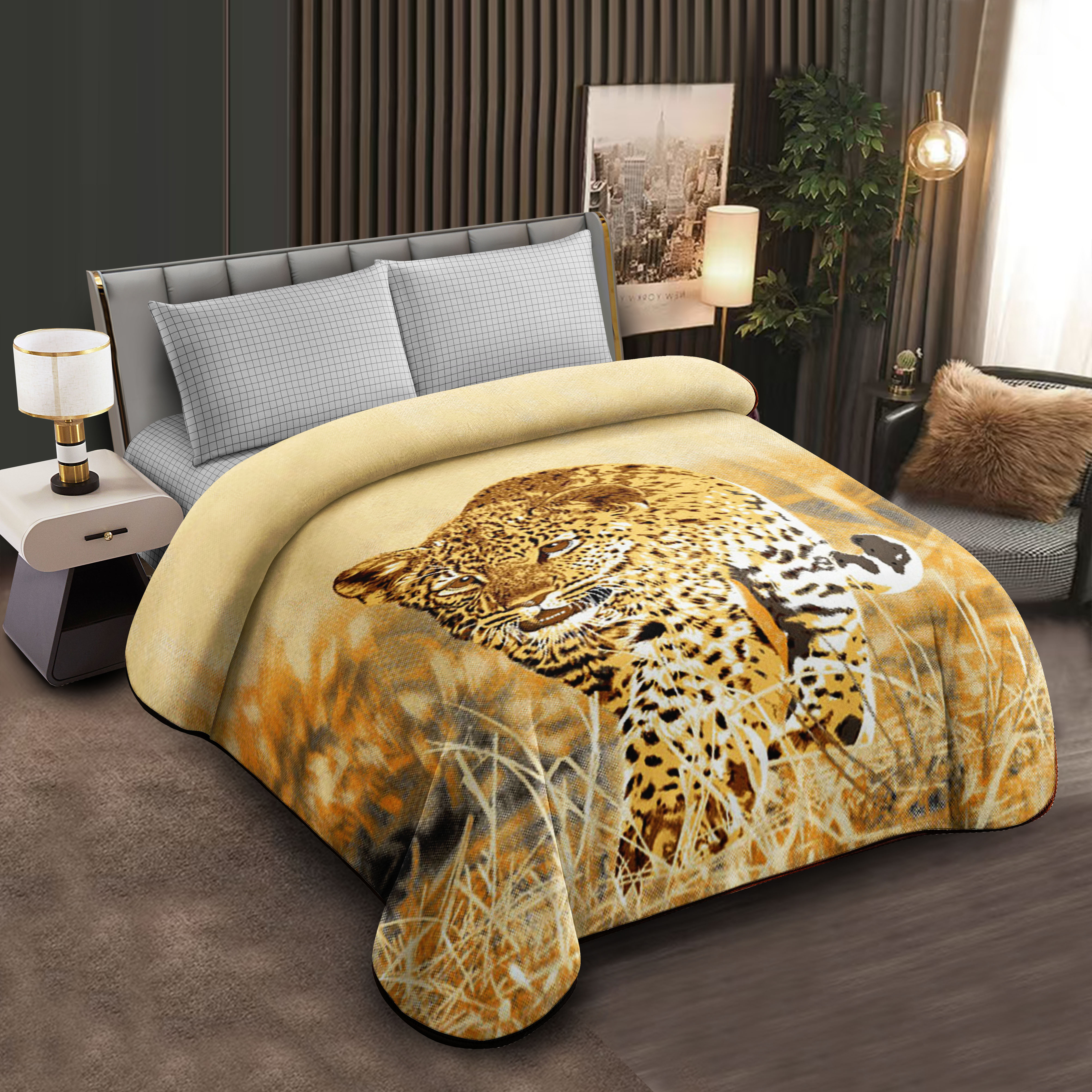 Middle East blanket export, wholesale and customization of flower-patterned Lashel blankets, cloud blankets, composite blankets, in stock, grey leopard print pattern bedding sets, wedding room decoration crinoline, Lolita fabric curtains, Chinese-style quilt covers, bed sheets and quilts Application Scenario