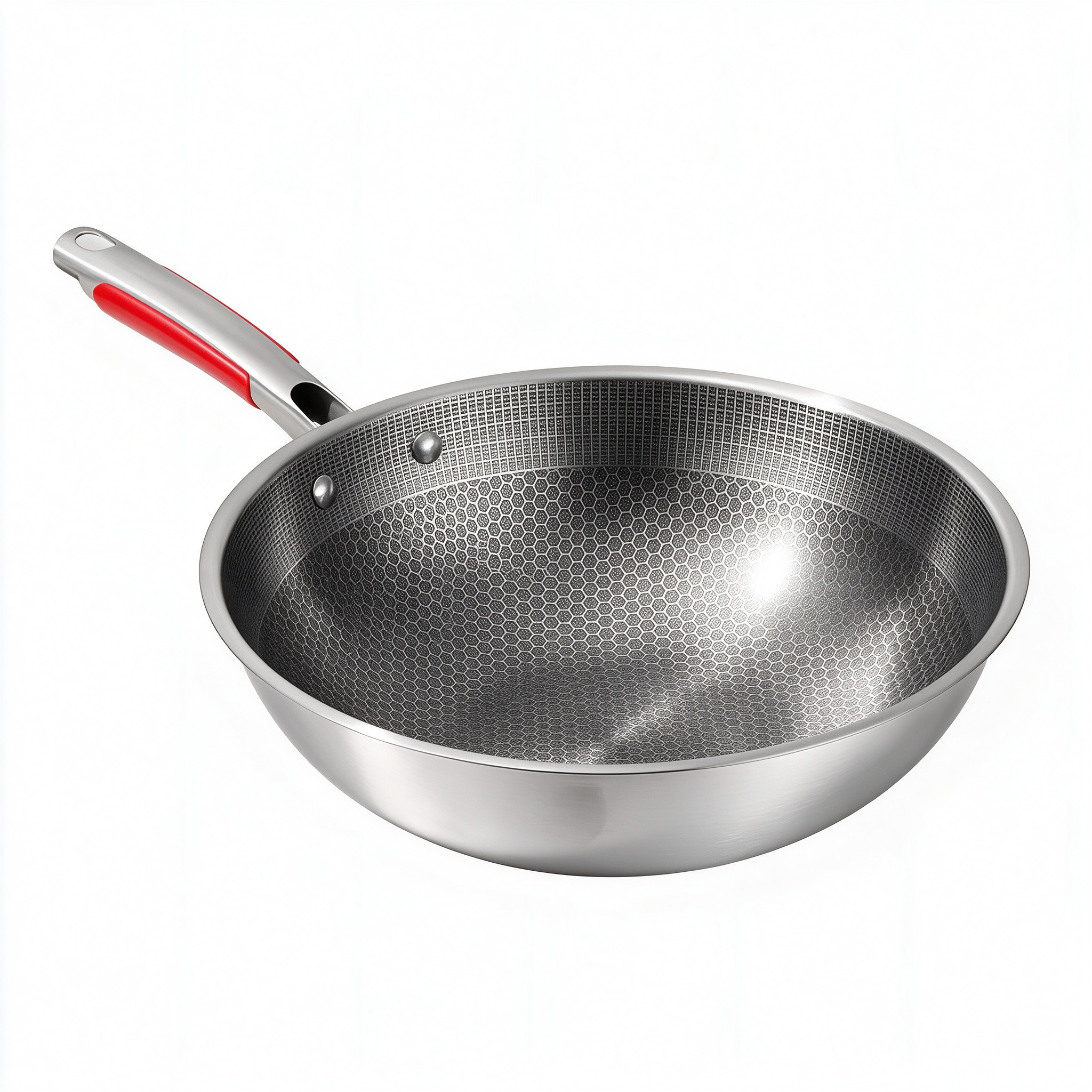 CGUCOOK stainless steel honeycomb wok, anti-heat handle, uncoated, non-stick, household cooking wok, induction cooker, gas stove, universal frying pan, deepened honeycomb mark wok Item Picture
