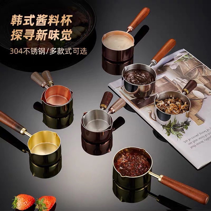 304 wooden handle sauce cup, stainless steel measuring spoon, precise steak seasoning spoon, coffee tomato sauce cup, mini dipping pot full image