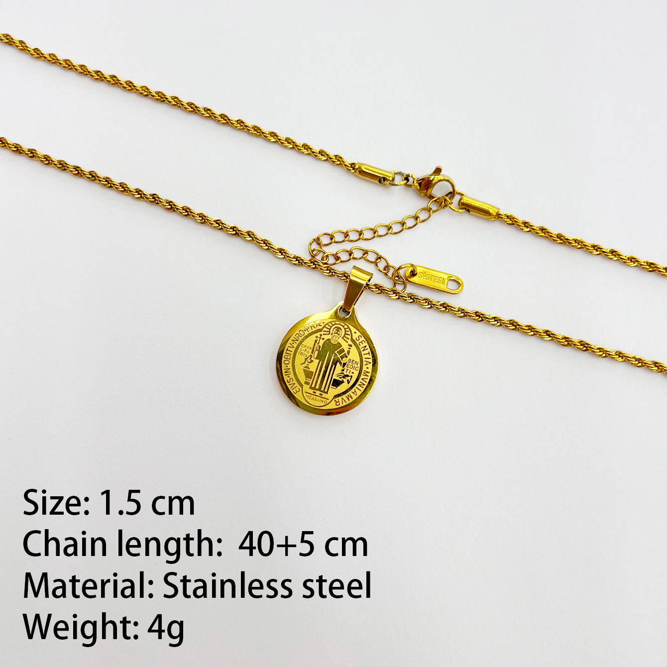 Golden stainless steel Saint Benedict round pendant necklace with twisted chain, anti-tangling, versatile and personalized religious necklace Item Picture