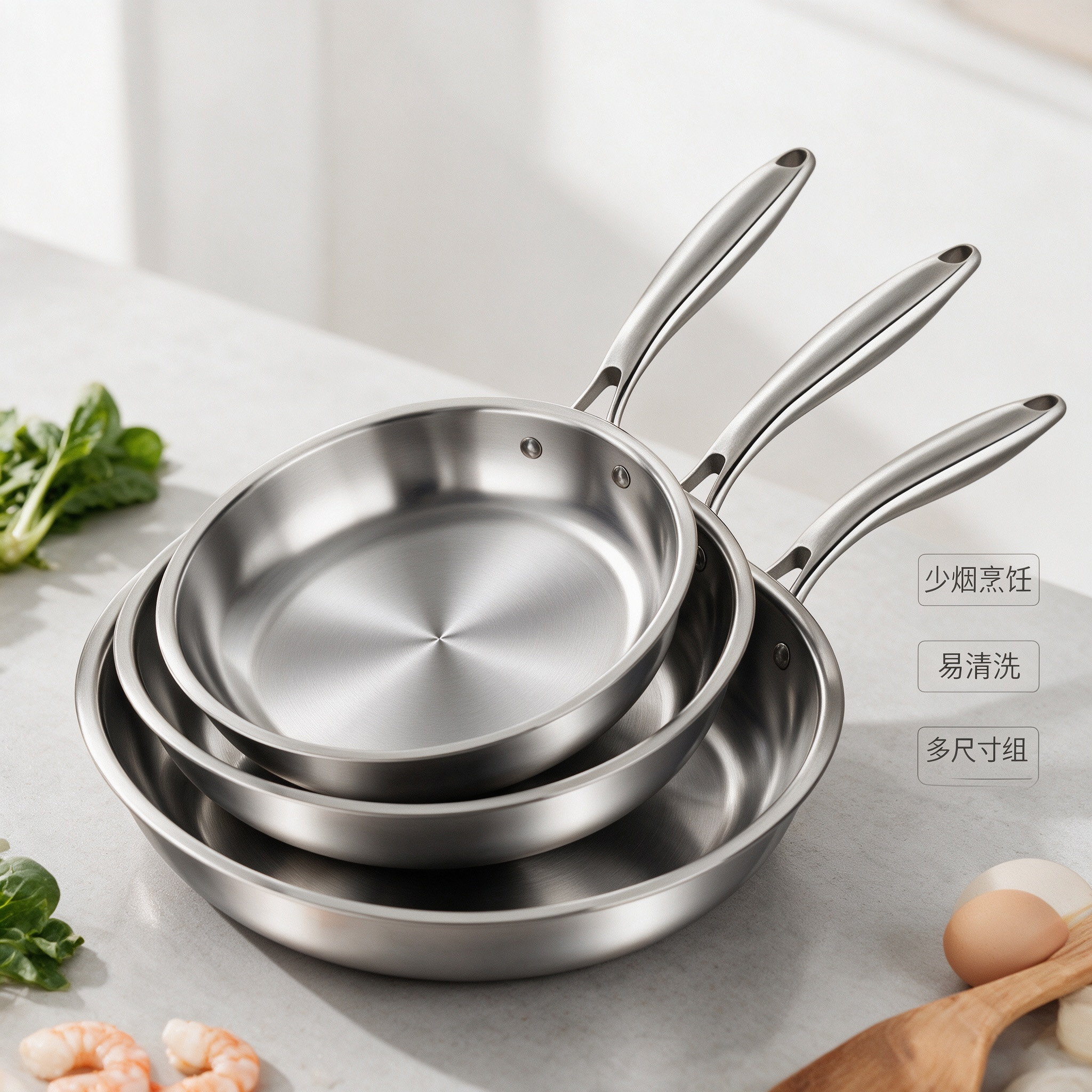 CGUCOOK Stainless steel Frying pan three-piece set: Flat pan, non-stick pan, stir-frying pan, steak frying pan, frying pan kit, universal stainless steel pan set for frying eggs Application Scenario