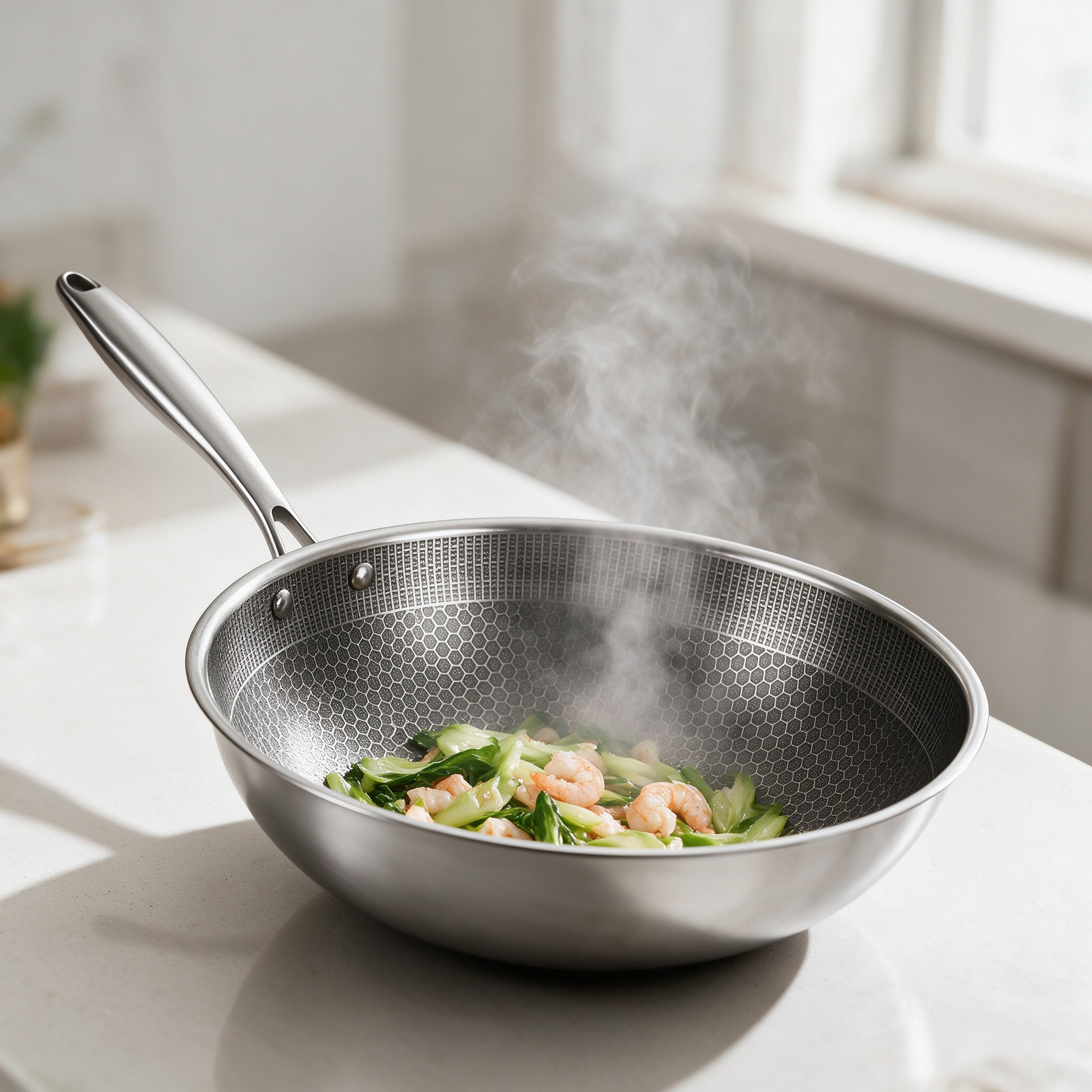 CGUCOOK stainless steel honeycomb wok, uncoated non-stick wok, household cooking wok, induction cooker, gas stove, universal frying wok, deepened honeycomb print wok Application Scenario