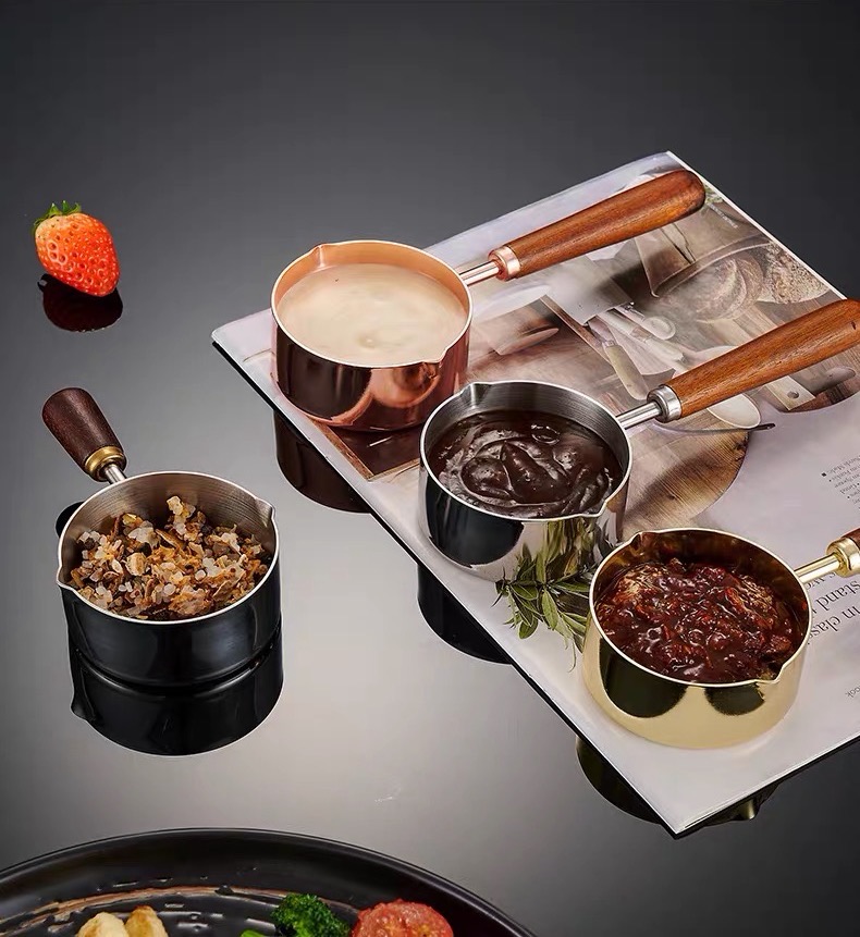 304 wooden handle sauce cup, stainless steel measuring spoon, precise steak seasoning spoon, coffee tomato sauce cup, mini dipping pot Specification image