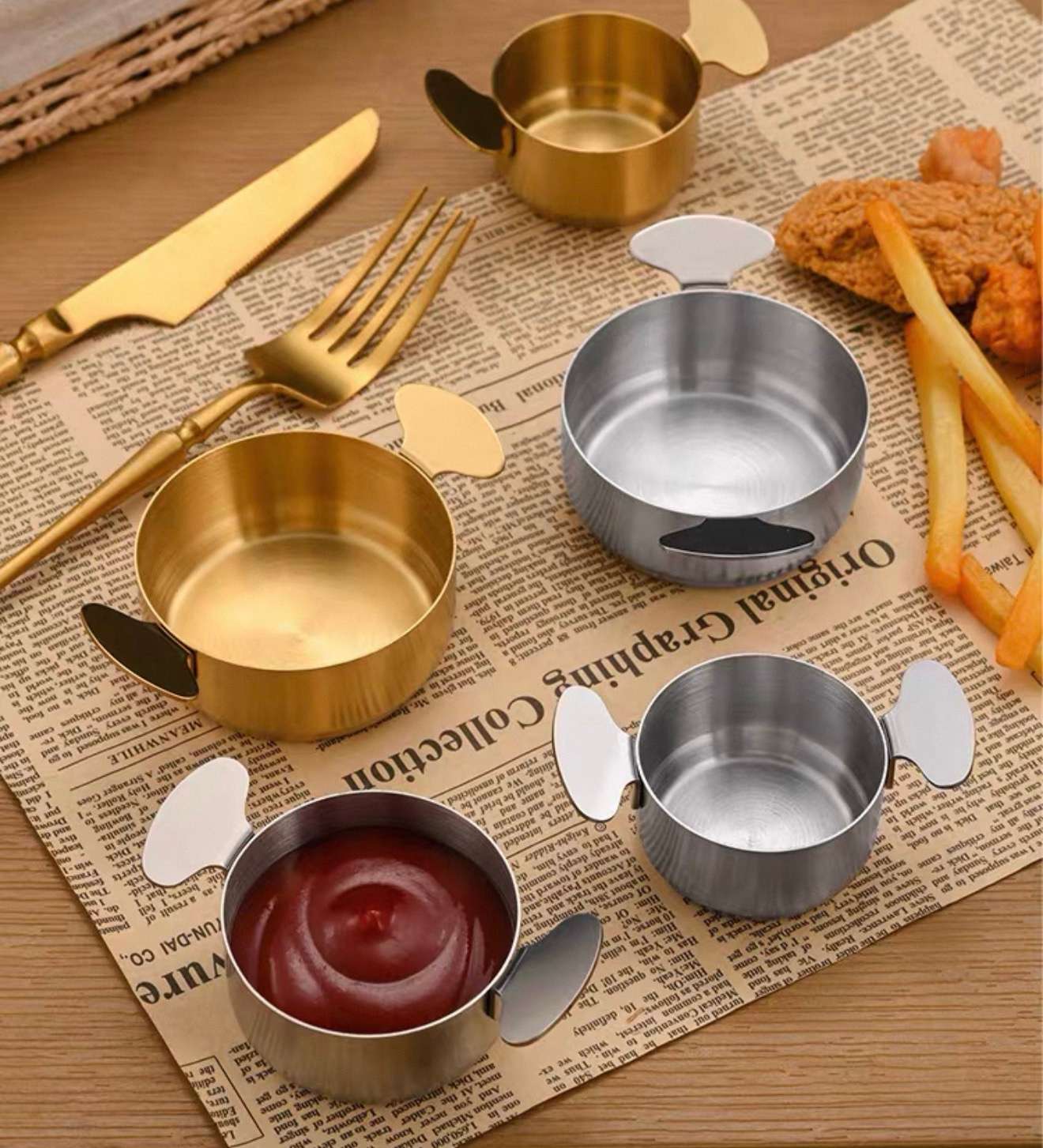 Korean-style 304 stainless steel double-ear sauce cups, commercial seasoning sauce cups, Western restaurant pepper sauce cups, tomato sauce plates