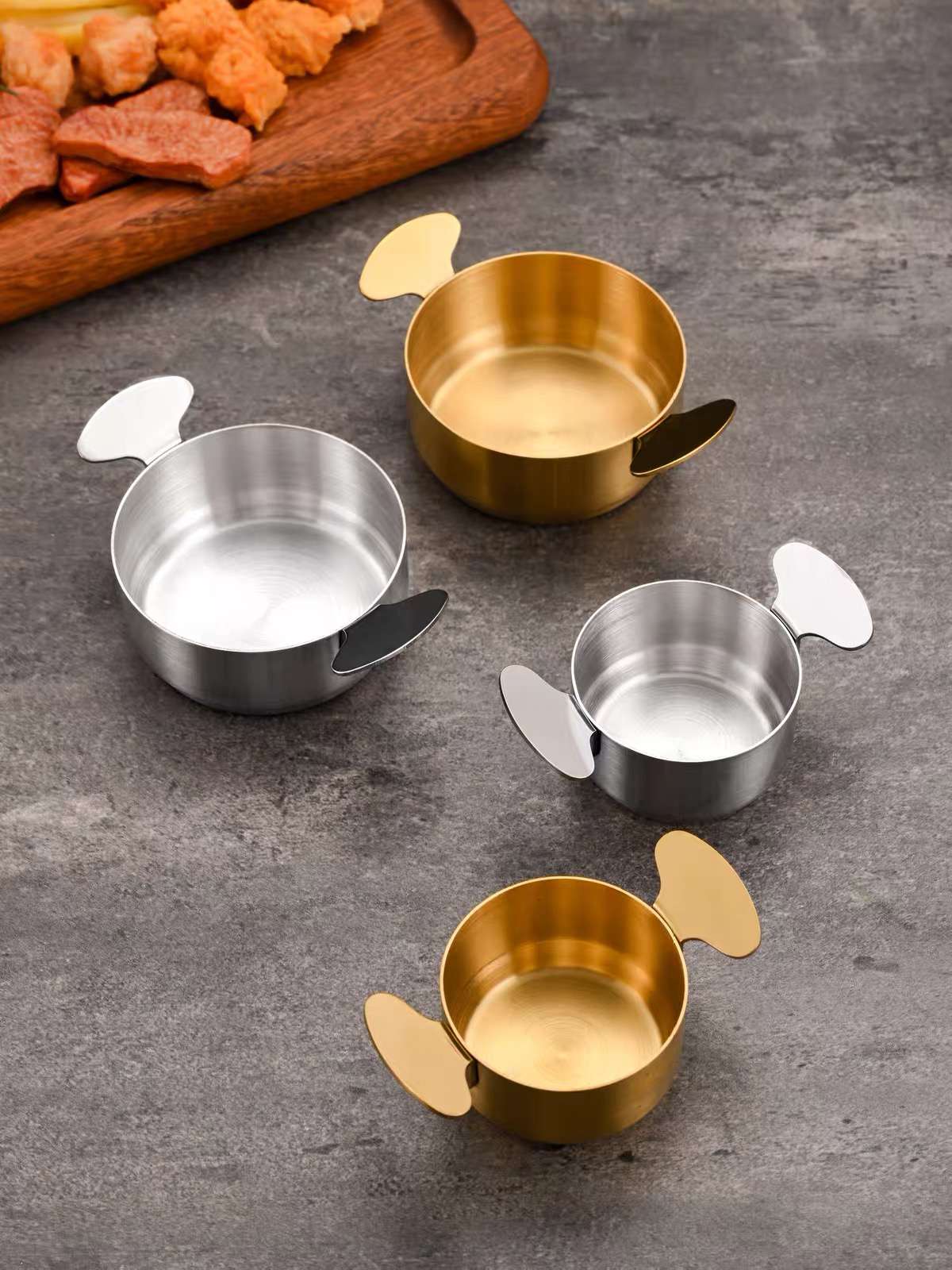 Korean-style 304 stainless steel double-ear sauce cups, commercial seasoning sauce cups, Western restaurant pepper sauce cups, tomato sauce plates Specification image