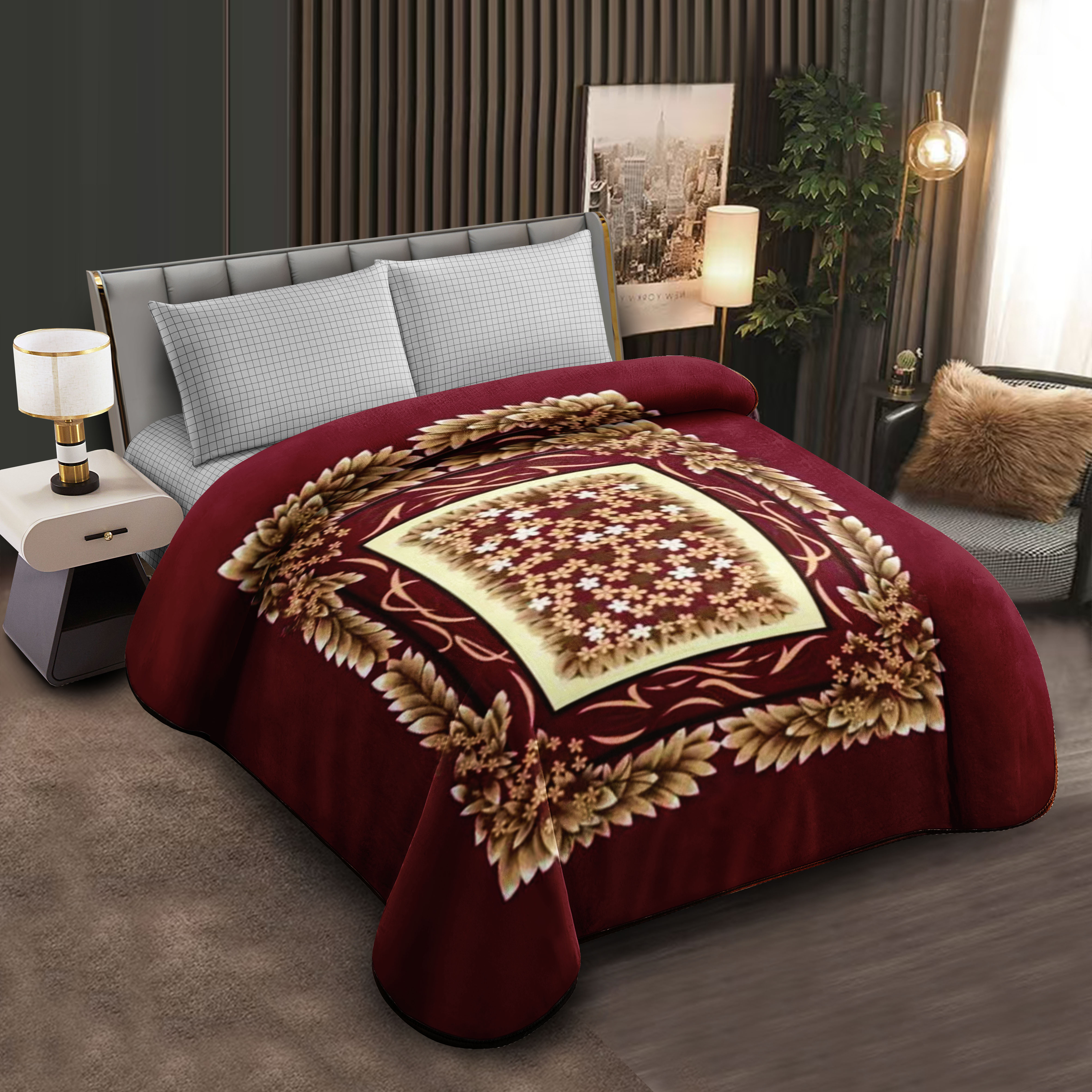Middle East blanket export, foreign trade floral pattern Raschel blanket, cloud blanket, composite blanket wholesale, customization, in stock, warm brown floral pattern blanket, soft and warm, home cover blanket, bed blanket, essential for winter Application Scenario