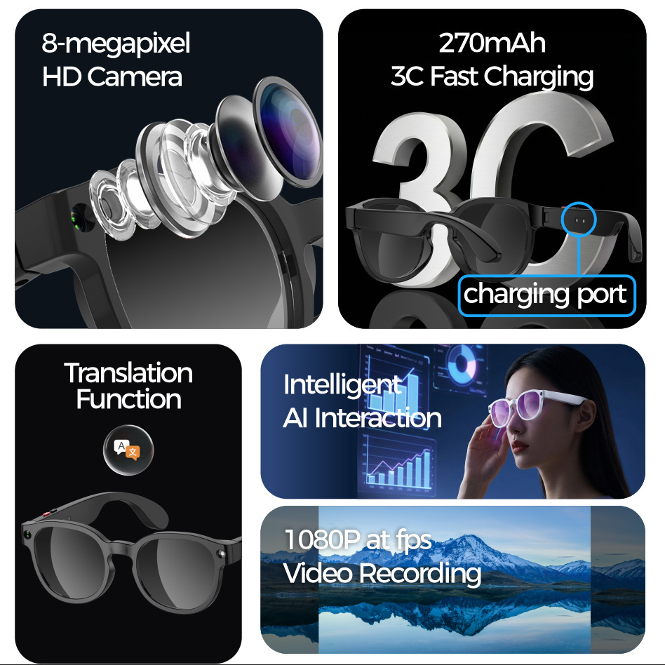 AI smart glasses for sports photography, smart cycling, outdoor cycling photography, video recording, audio translation, music listening, and with a camera Item Picture