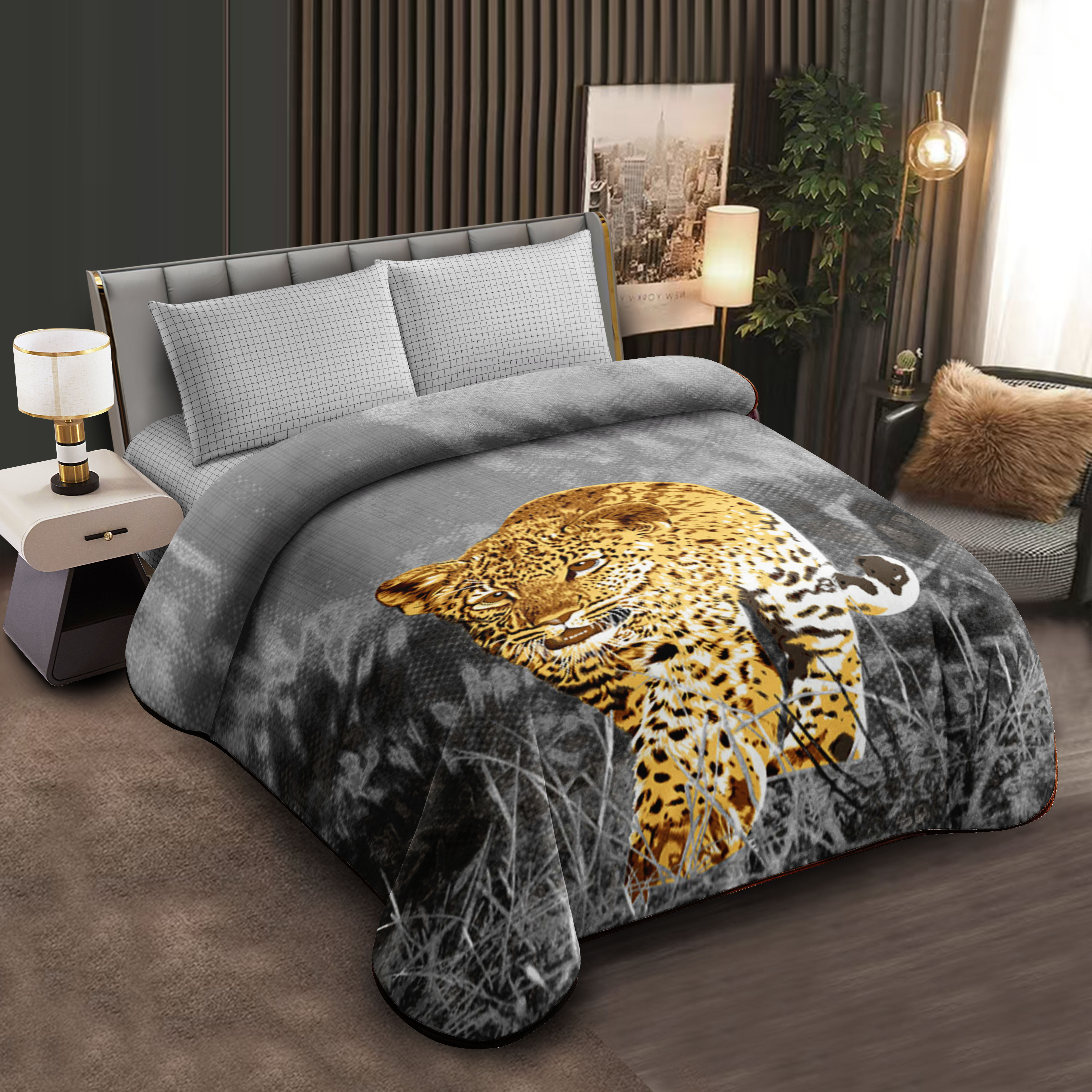 Middle East blanket export, wholesale and customization of flower-patterned Lashel blankets, cloud blankets, composite blankets, in stock, grey leopard print pattern bedding sets, wedding room decoration crinoline, Lolita fabric curtains, Chinese-style quilt covers, bed sheets and quilts full image