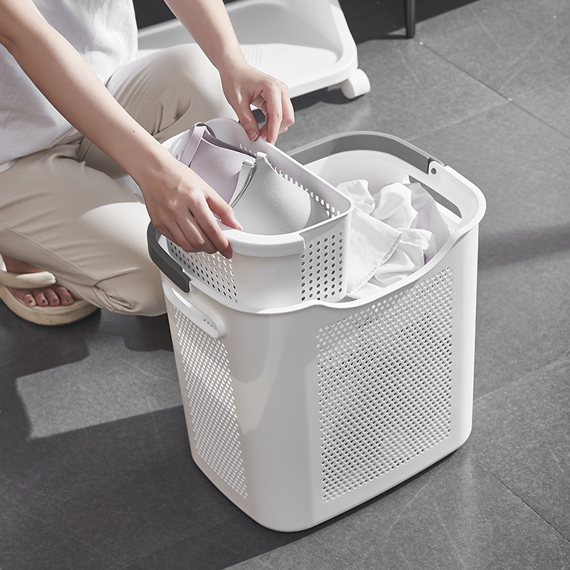 【CL】26Q3#6755-2 Multi-functional white wheeled storage rack, laundry basket, washing machine mobile stand, small appliance organizing rack details Picture
