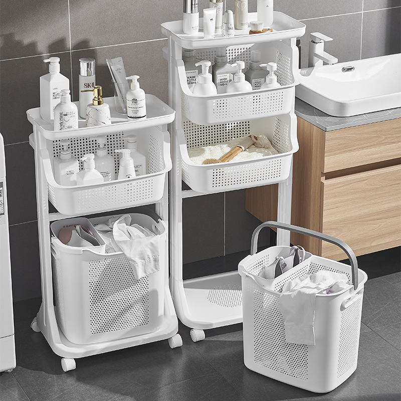 【CL】26Q3#6755-2 Multi-functional white wheeled storage rack, laundry basket, washing machine mobile stand, small appliance organizing rack