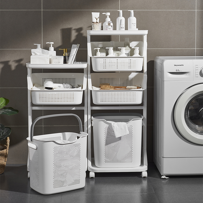 【CL】26Q3#6755-2 Multi-functional white wheeled storage rack, laundry basket, washing machine mobile stand, small appliance organizing rack Application Scenario