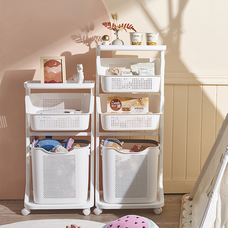 【CL】26Q3#6755-2 Multi-functional white wheeled storage rack, laundry basket, washing machine mobile stand, small appliance organizing rack Specification image
