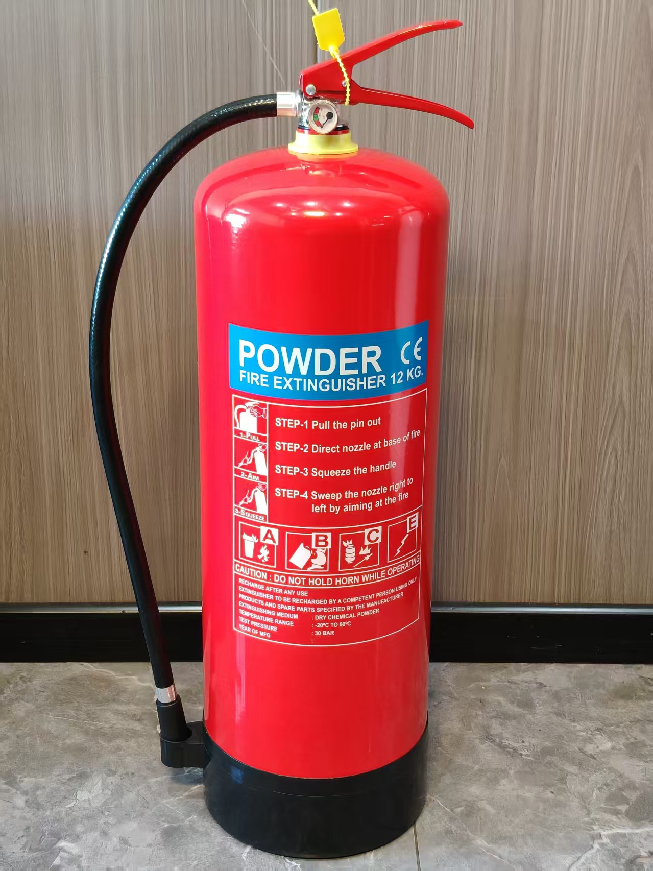 OEM/ODM 12kg commercial portable ABC dry powder fire extinguisher, safety fire extinguisher with red handle electroplated slide, valve + anti-film sheet details Picture