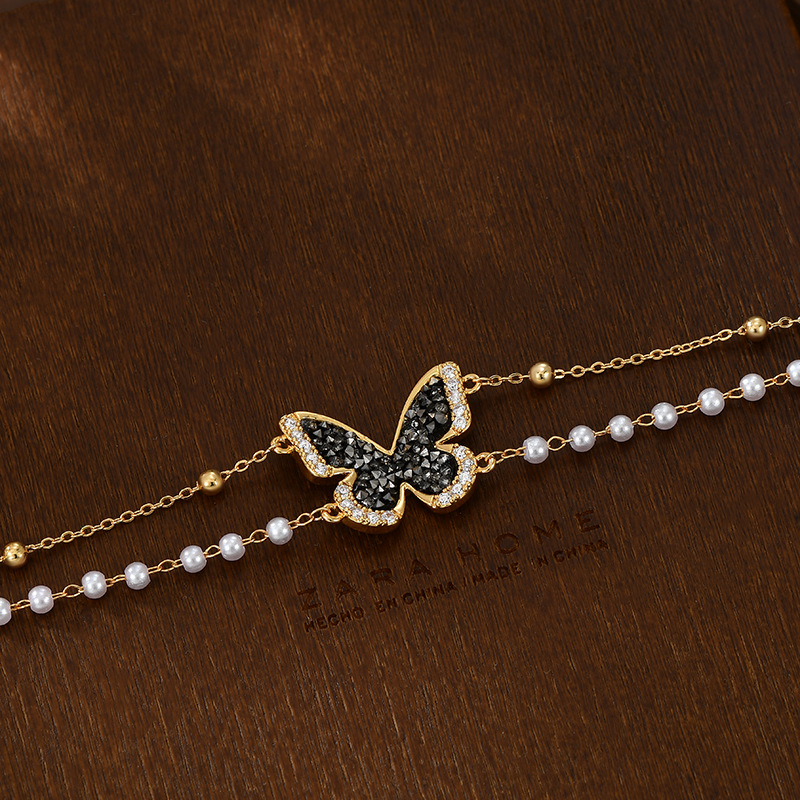 Black diamond mariposa perla apilada cadena en la mano sensación de ambiente elegante exquisita pulsera versátil details Picture