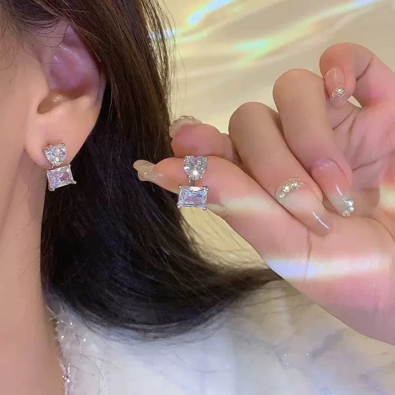 Plata corazón cuadrado diamante perla pendientes pendientes hueso accesorios de moda pendientes simples elegante tendencia