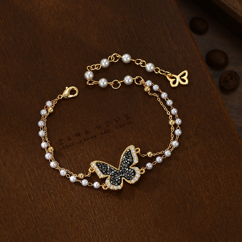Black diamond mariposa perla apilada cadena en la mano sensación de ambiente elegante exquisita pulsera versátil Specification image