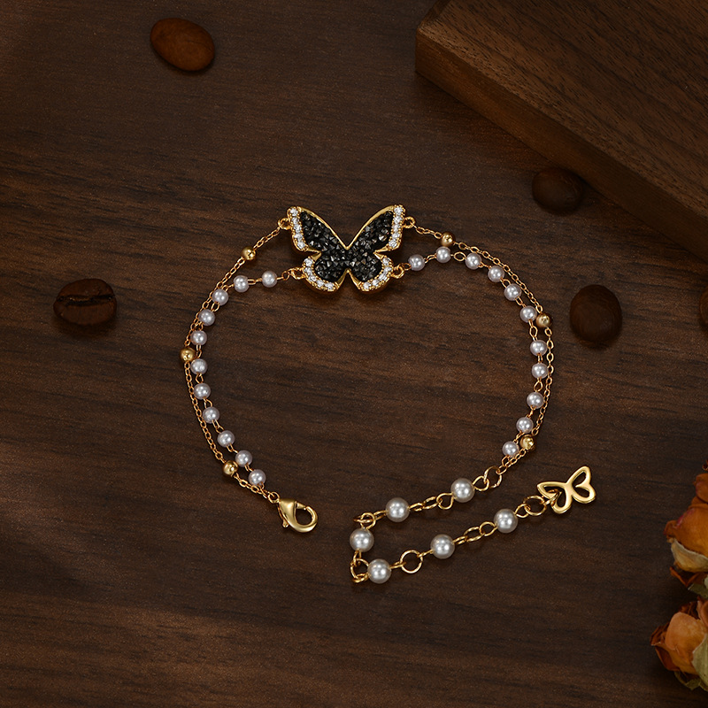 Black diamond mariposa perla apilada cadena en la mano sensación de ambiente elegante exquisita pulsera versátil Item Picture