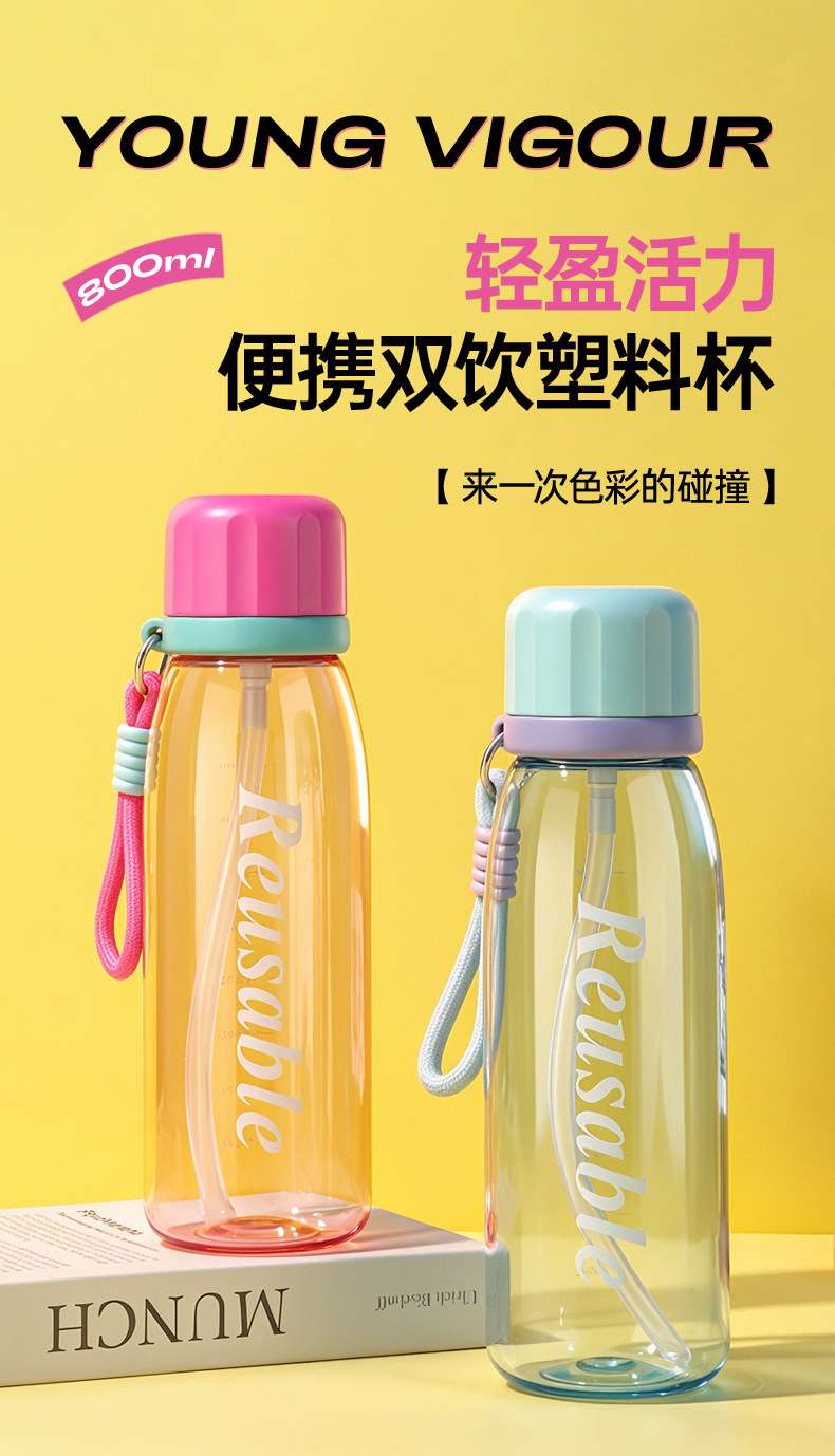 J147- Portable Cup for Students, Double Drinking, High appearance level Plastic Cup, Large Capacity Water Cup, anti-drop, durable, portable Sports Water bottle detail image 2