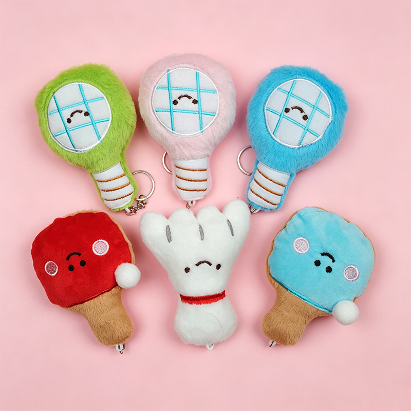 Cute plush tennis racket figurines, keychains, pendants, badminton and table tennis rackets, cultural and creative foreign trade wholesale, colorful plush table tennis and badminton rackets, keychains, Mother's Day creative acrylic keychain accessories, gifts