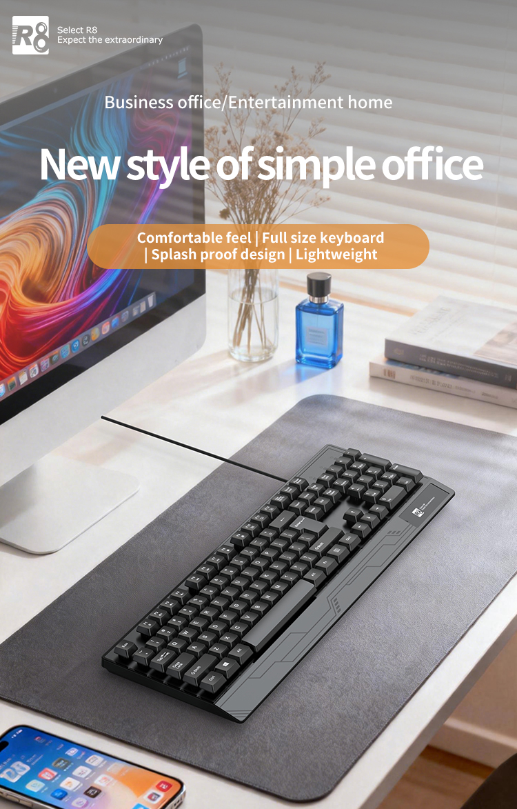 R8 black office keyboard, silent membrane keyboard, Arabic, Spanish and English in-stock keyboard and mouse pic 1