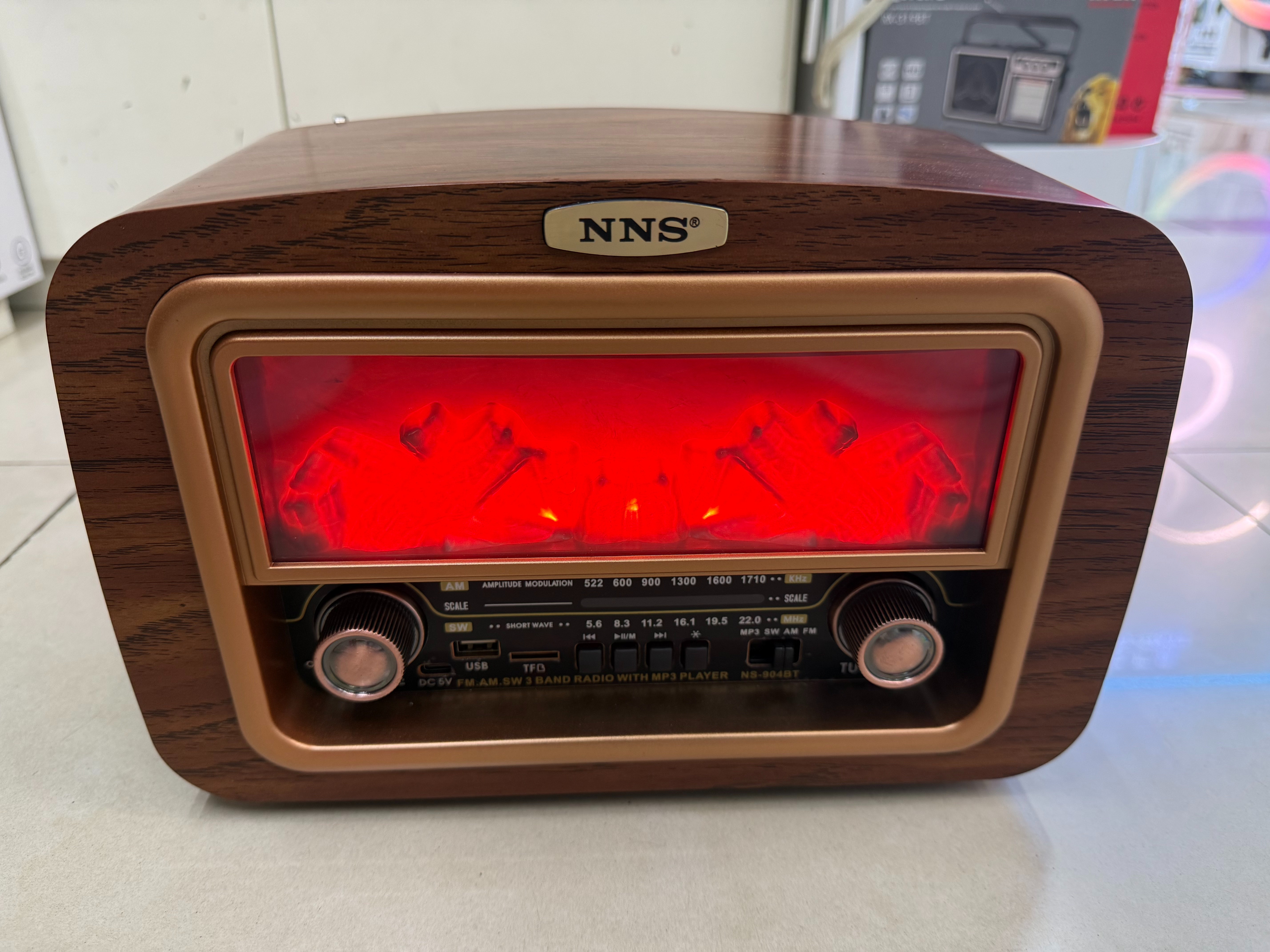 NS-904BT new retro radio Bluetooth speaker, wood grain stove shape, charcoal fire shape, light band, multi-functional desktop decoration, USB music, TF card for playing music, suitable for gifting to the elderly details Picture