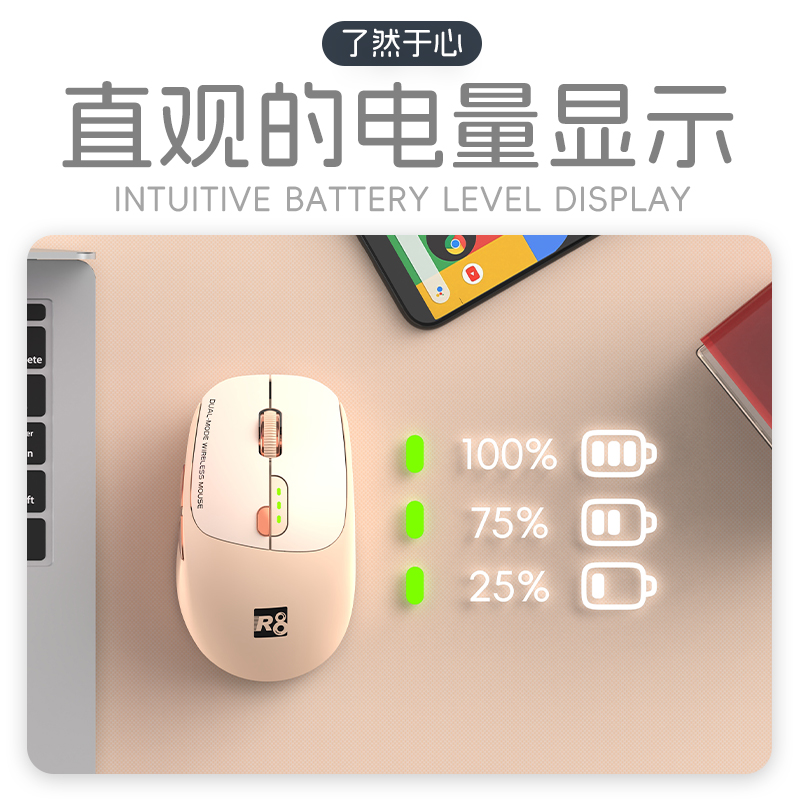R8 Multi-color wireless + Bluetooth Flying Mouse is a high-quality dual-mode portable office and gaming mouse Item Picture